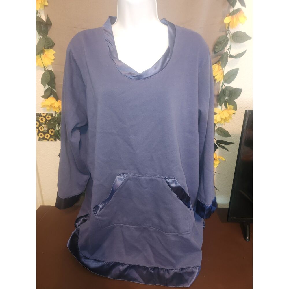 Dreams & Co Womens Blue Fleece Lounge Top Satin Trim Kangaroo Pocket L 18/20